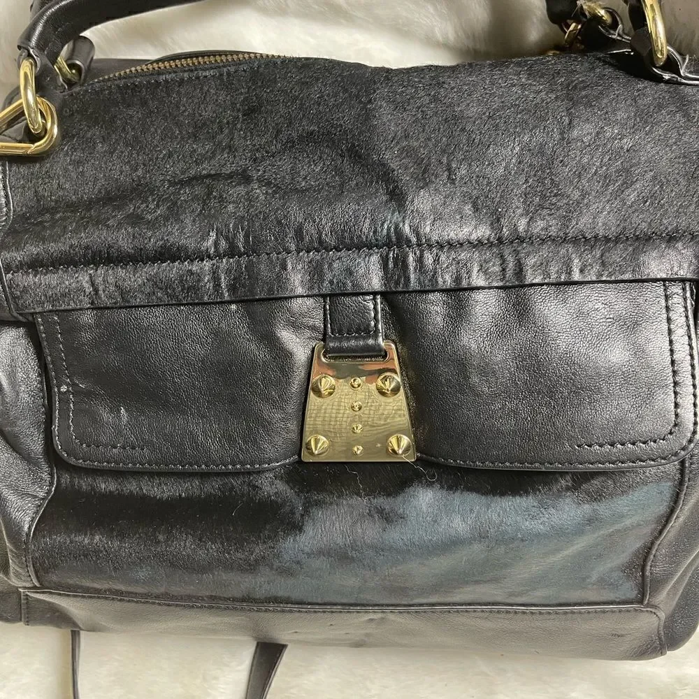 Vince Camuto black soft leather &calf hair Satchel/crossbody bag gold tone studs